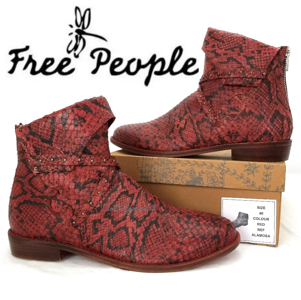 FREE PEOPLE Red Snake Pattern Studded Ankle Booties US 9.5 Slouchy Boots